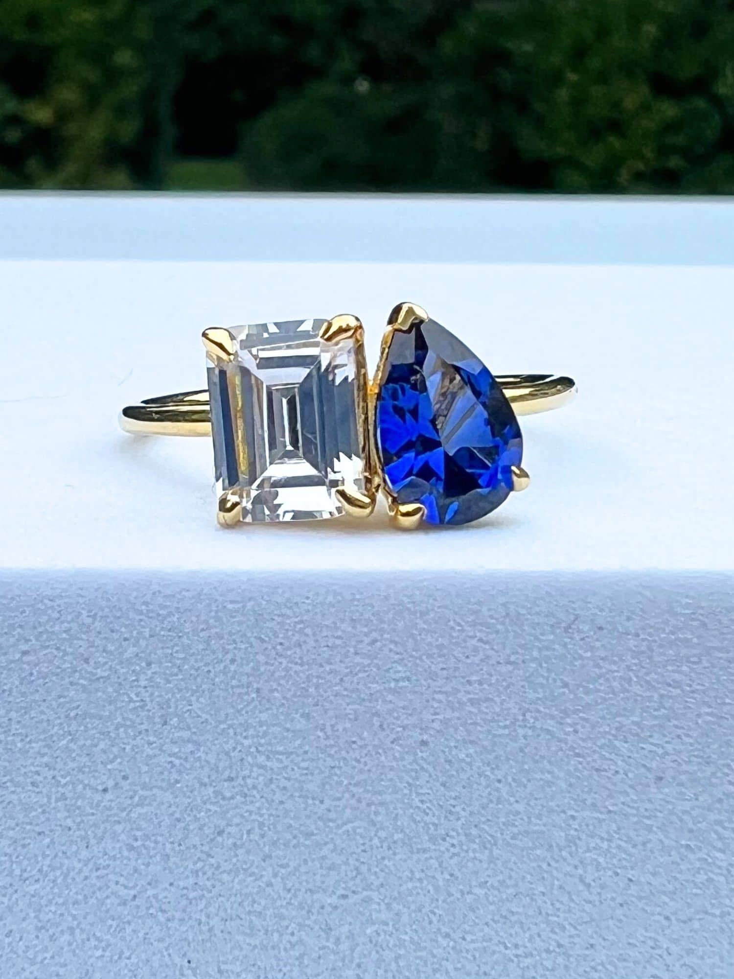Emerald and Pear Cut Sapphire Toi et Moi Ring in Yellow Gold over Sterling  Silver