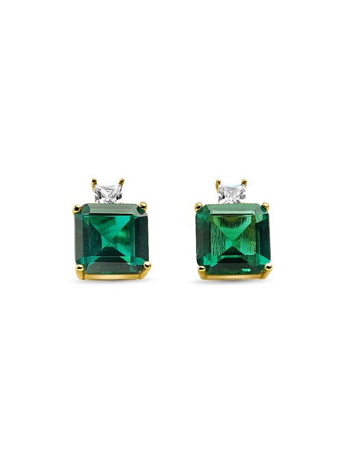 front view of emerald green stud earrings with dark green emerald stone, cubic zirconia colorless stone above, and plated in 18 karat yellow gold
