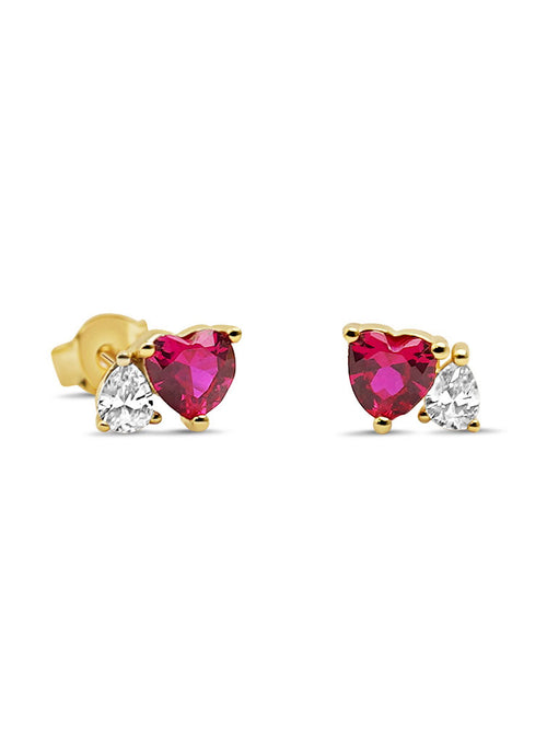 Front view of the two stone earrings with red heart stone in yellow gold|Color:Red