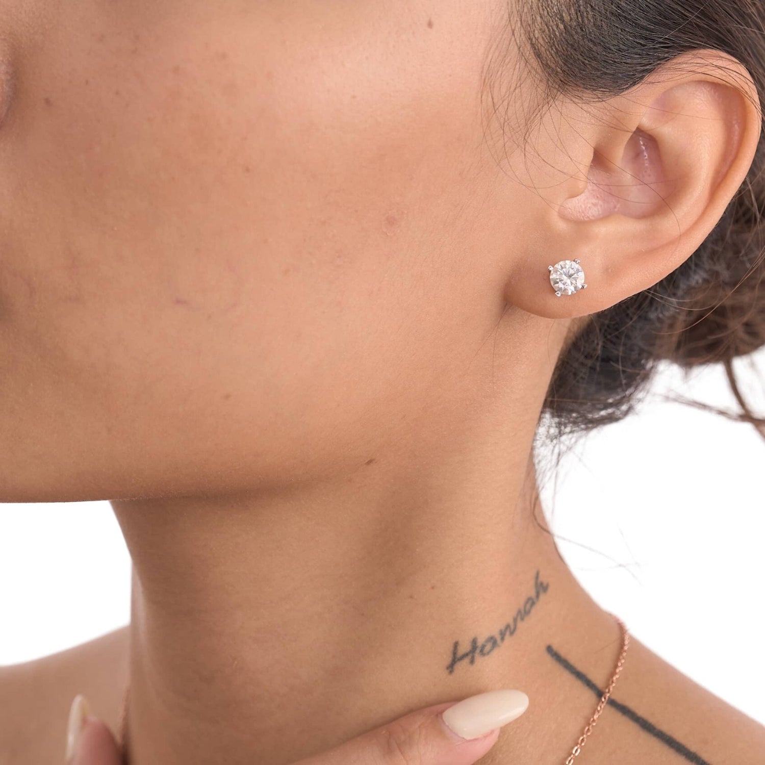 Model wearing the 1 carat moissanite stud earrings