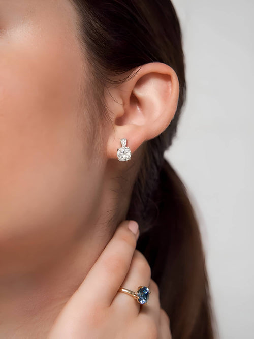 Model wearing the 1.3 carat moissanite drop earrings