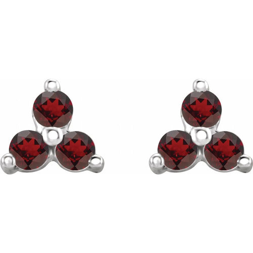 Three Stone Gemstone Earrings - Garnet|Material:14K White Gold