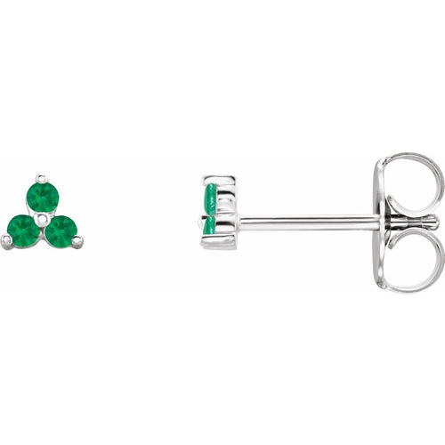 Three Stone Gemstone Earrings - Emerald|Material:14K White Gold