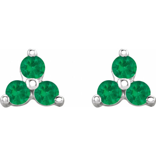 Three Stone Gemstone Earrings - Emerald|Material:14K White Gold