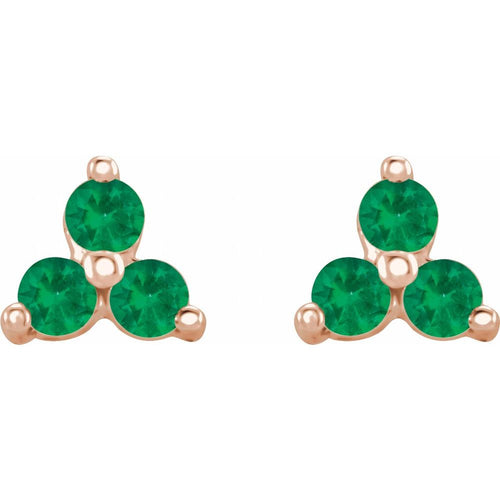 Three Stone Gemstone Earrings - Emerald|Material:14K Rose Gold