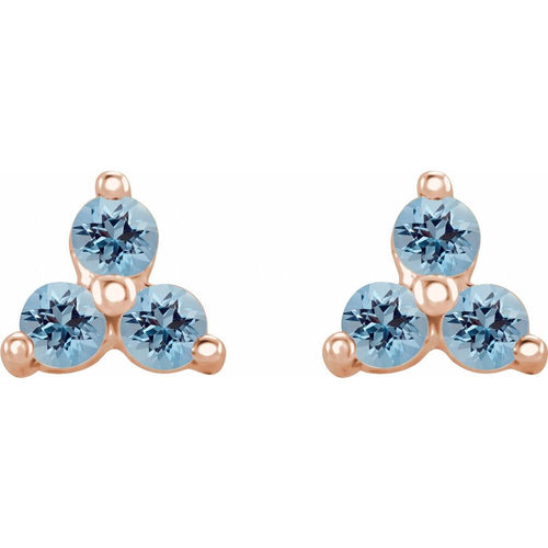 Three Stone Gemstone Earrings - Aquamarine|Material:14K Rose Gold