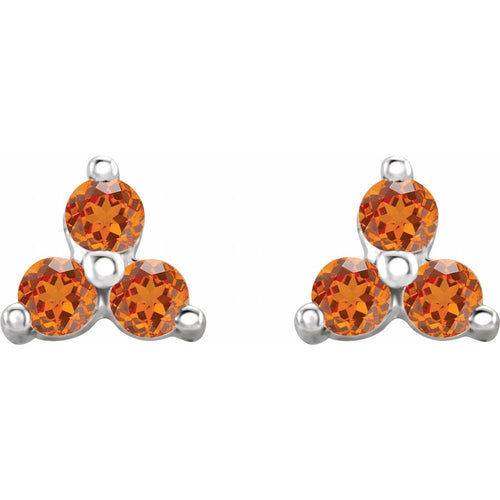Three Stone Gemstone Earrings - Orange Garnet|Material:14K White Gold