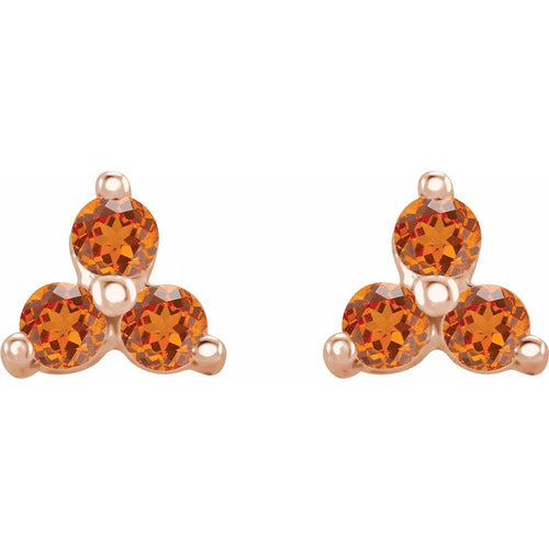 Three Stone Gemstone Earrings - Orange Garnet|Material:14K Rose Gold