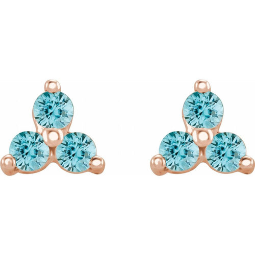 Three Stone Gemstone Earrings - Blue Zircon|Material:14K Rose Gold