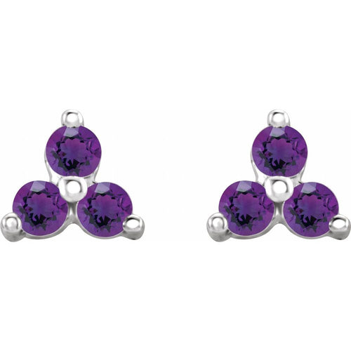 Three Stone Gemstone Earrings - Amethyst|Material:Platinum