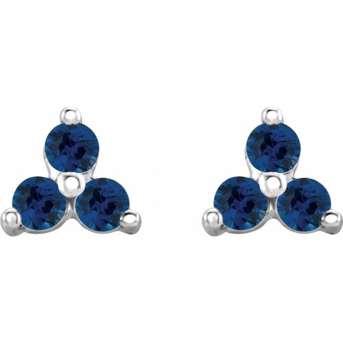 Three Stone Gemstone Earrings - Sapphire|Material:14K White Gold