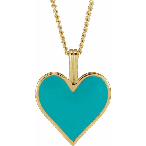 Turquoise Enamel Heart Necklace|Material:14K Yellow Gold