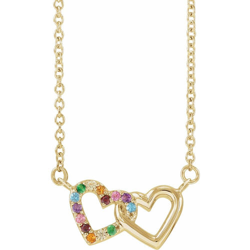 Rainbow Two Heart Necklace|Material:14K Yellow Gold