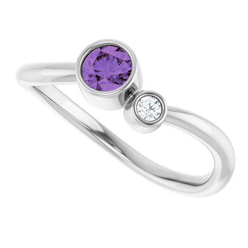 Two Gemstone Ring - Amethyst and Diamond|Material:14K White Gold