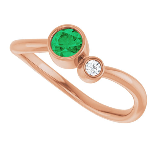 Two Gemstone Ring - Emerald and Diamond|Material:14K Rose Gold