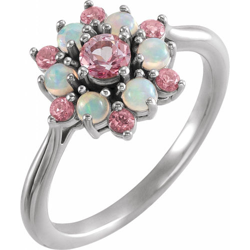 Pink Tourmaline and Ethiopian Opal Cabochon Ring|Material:14K White Gold
