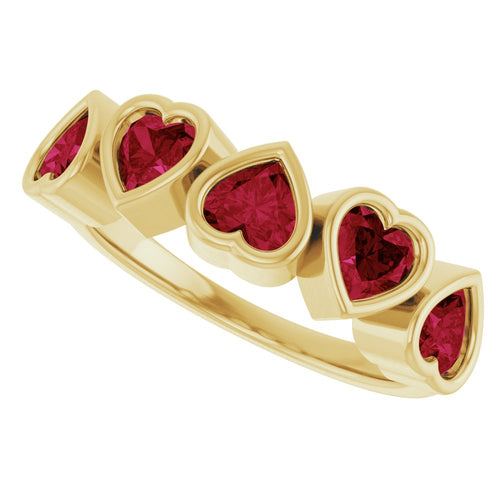 Five Heart Gemstone Ring - Garnet|Material:14K Yellow Gold