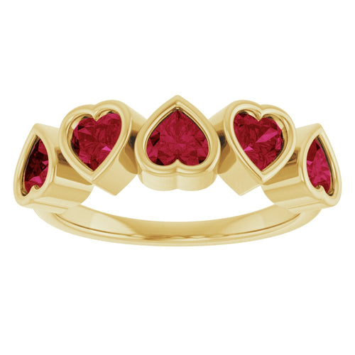 Five Heart Gemstone Ring - Garnet|Material:14K Yellow Gold