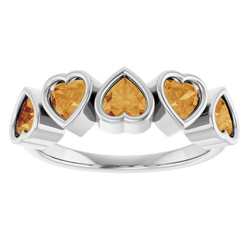 Five Heart Gemstone Ring - Citrine|Material:14K White Gold
