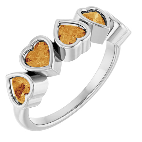 Five Heart Gemstone Ring - Citrine|Material:14K White Gold
