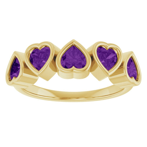 Five Heart Gemstone Ring - Amethyst|Material:14K Yellow Gold