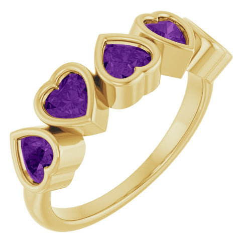Five Heart Gemstone Ring - Amethyst|Material:14K Yellow Gold