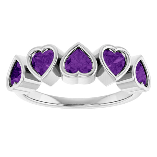 Five Heart Gemstone Ring - Amethyst|Material:14K White Gold