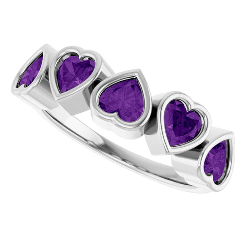 Five Heart Gemstone Ring - Amethyst|Material:14K White Gold