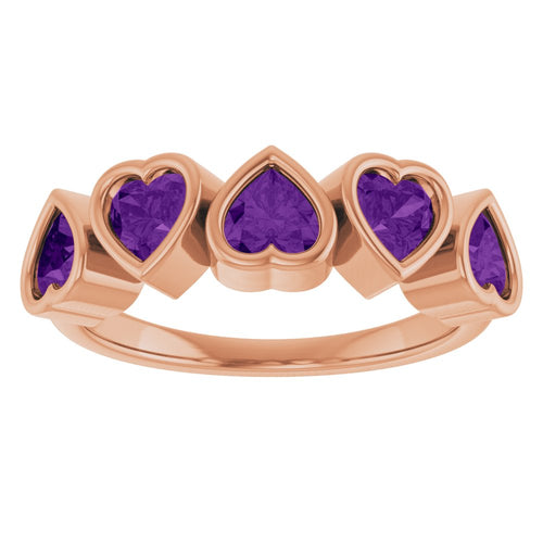 Five Heart Gemstone Ring - Amethyst|Material:14K Rose Gold