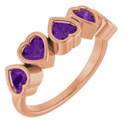 Five Heart Gemstone Ring - Amethyst|Material:14K Rose Gold