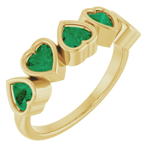 Five Heart Gemstone Ring - Emerald|Material:14K Yellow Gold
