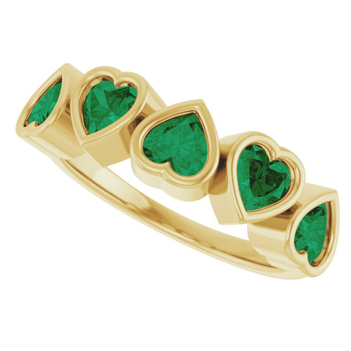 Five Heart Gemstone Ring - Emerald|Material:14K Yellow Gold