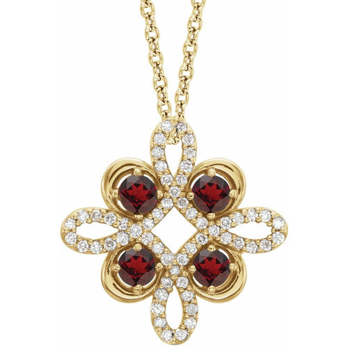 Diamond Gemstone Clover Pendant Necklace - Garnet