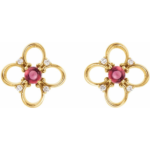 Pink Tourmaline and Diamond Clover Earrings|Material:14K Yellow Gold