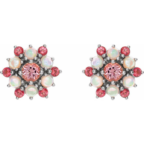 Pink Tourmaline and Ethiopian Opal Cabochon Earrings|Material:14K White Gold