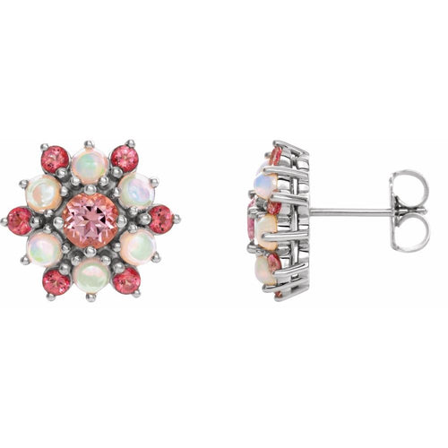 Pink Tourmaline and Ethiopian Opal Cabochon Earrings|Material:14K White Gold