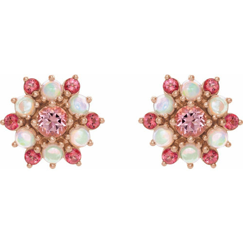 Pink Tourmaline and Ethiopian Opal Cabochon Earrings|Material:14K Rose Gold