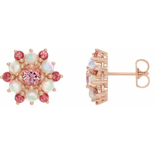 Pink Tourmaline and Ethiopian Opal Cabochon Earrings|Material:14K Rose Gold