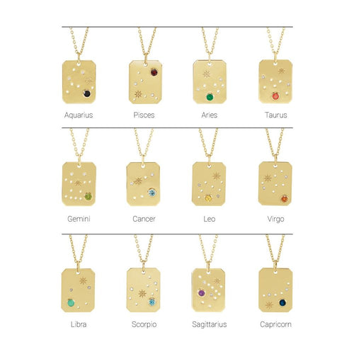 Zodiac Constellation Square Pendant Necklace - Cancer Diamond and Aquamarine