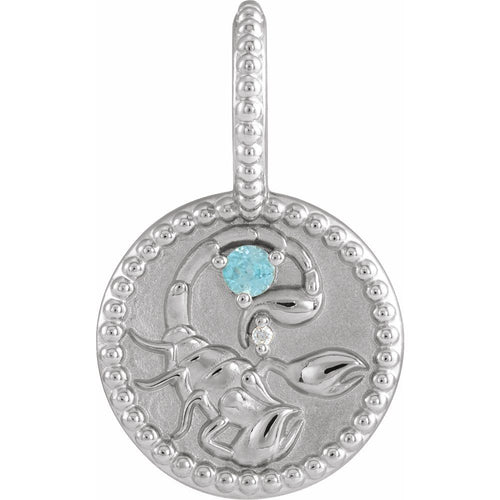 Zodiac Constellation Round Pendant Necklace - Scorpio Diamond and Blue Zircon|Material:14K White Gold