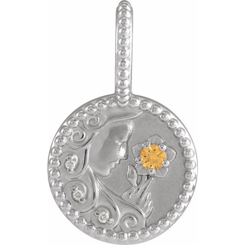 Zodiac Constellation Round Pendant Necklace - Virgo Diamond and Spessartite Garnet|Material:14K White Gold