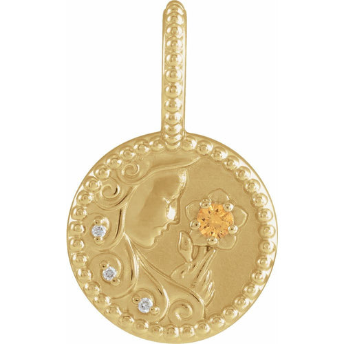 Zodiac Constellation Round Pendant Necklace - Virgo Diamond and Spessartite Garnet|Material:14K Yellow Gold