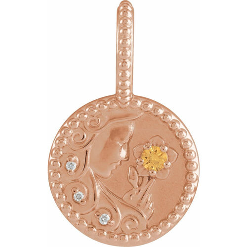 Zodiac Constellation Round Pendant Necklace - Virgo Diamond and Spessartite Garnet|Material:14K Rose Gold