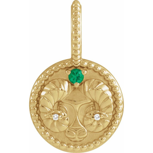Zodiac Constellation Round Pendant Necklace - Aries Diamond and Emerald|Material:14K Yellow Gold