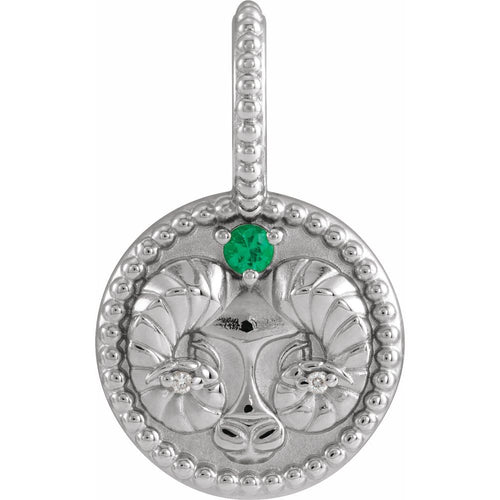 Zodiac Constellation Round Pendant Necklace - Aries Diamond and Emerald|Material:14K White Gold