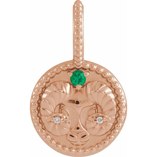 Zodiac Constellation Round Pendant Necklace - Aries Diamond and Emerald|Material:14K Rose Gold
