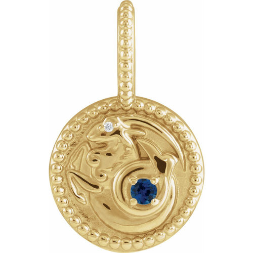 Zodiac Constellation Round Pendant Necklace - Capricorn Diamond and Sapphire|Material:14K Yellow Gold