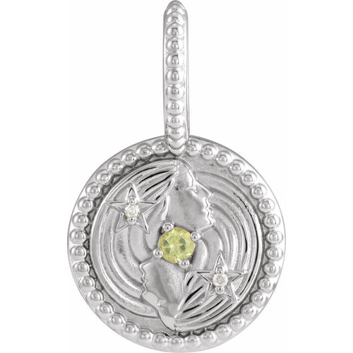 Zodiac Constellation Round Pendant Necklace - Gemini Diamond and Peridot|Material:14K White Gold