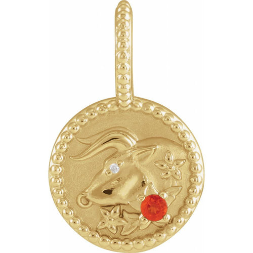 Zodiac Constellation Round Pendant Necklace - Taurus Diamond and Fire Opal|Material:14K Yellow Gold