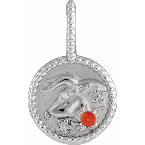Zodiac Constellation Round Pendant Necklace - Taurus Diamond and Fire Opal|Material:14K White Gold